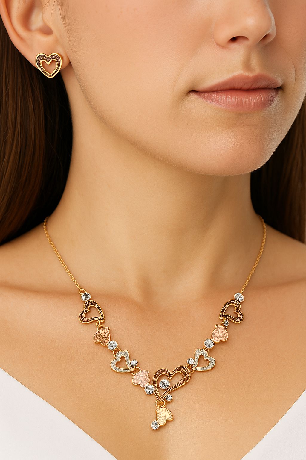 Romantic heart enamel necklace and earrings worn on model for everyday elegance