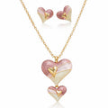 C gold plated double heart necklace and earrings set with hand painted enamel