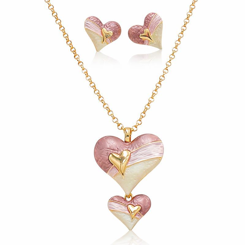 C gold plated double heart necklace and earrings set with hand painted enamel