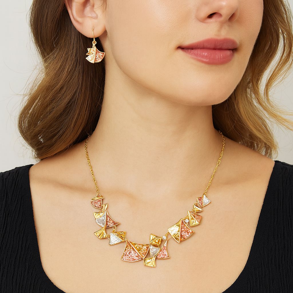 Artistic textured jewelry set with geometric fan-shaped pieces
