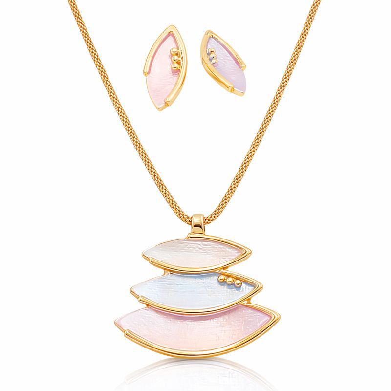 Hand painted KC gold necklace and earrings set with artistic enamel design