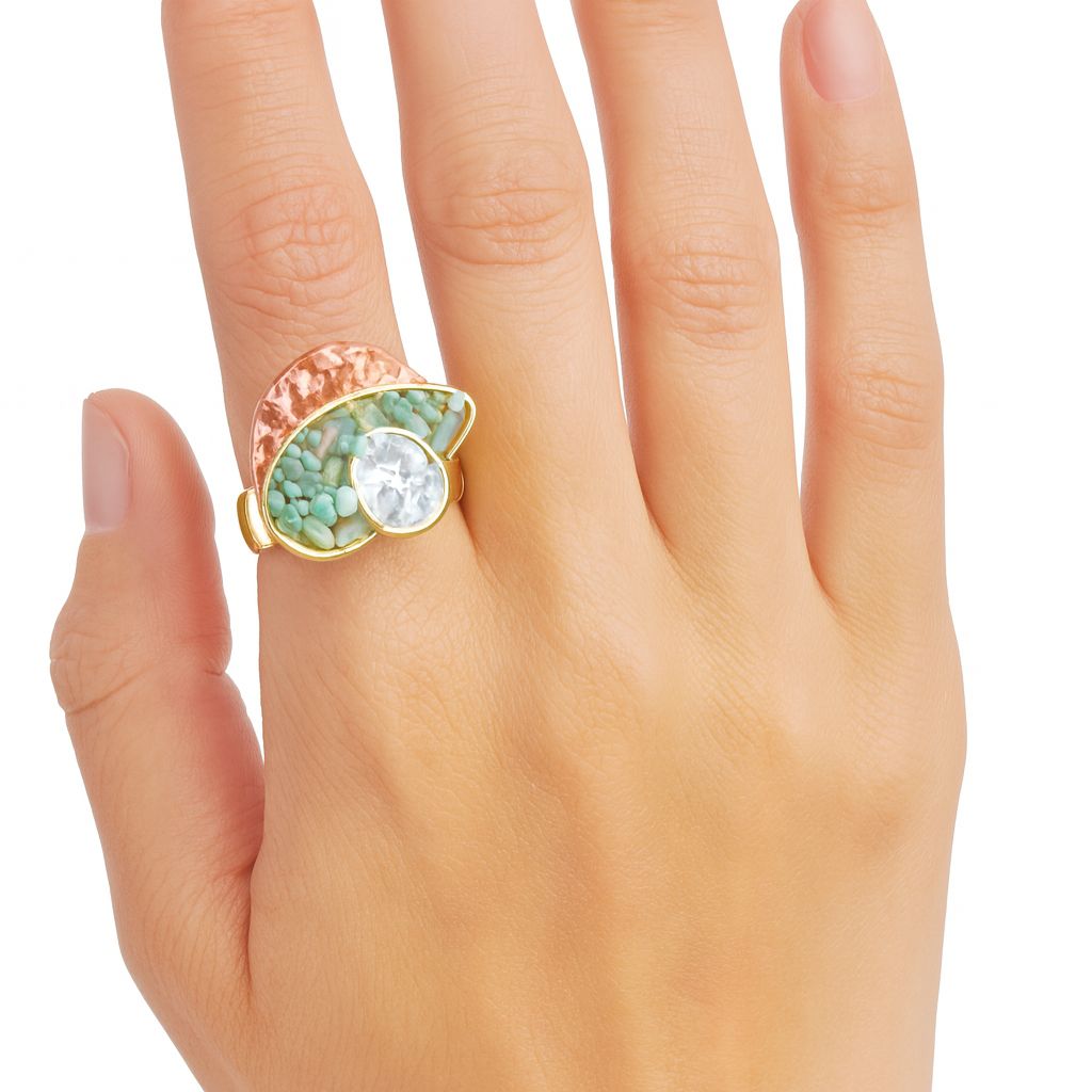 Model wearing hand-painted KC gold statement ring with crystals