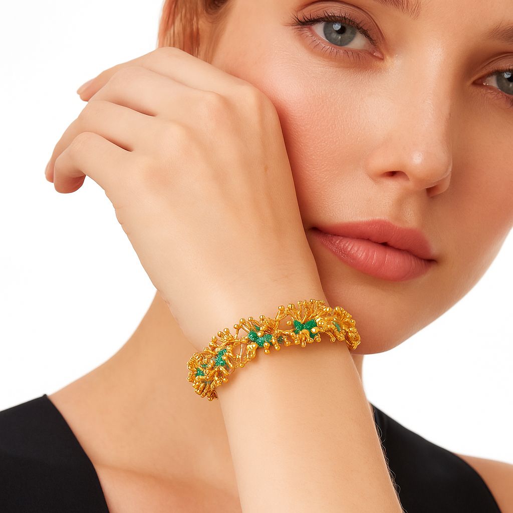 Gold fashion cuff bracelet with artistic leaf design