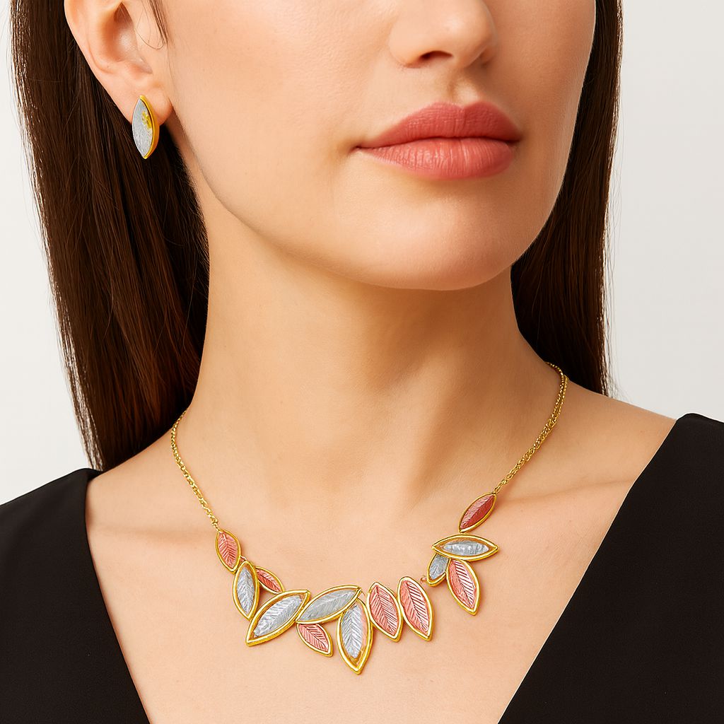 Hand-painted leaf jewelry set in gold, silver, and rose tones