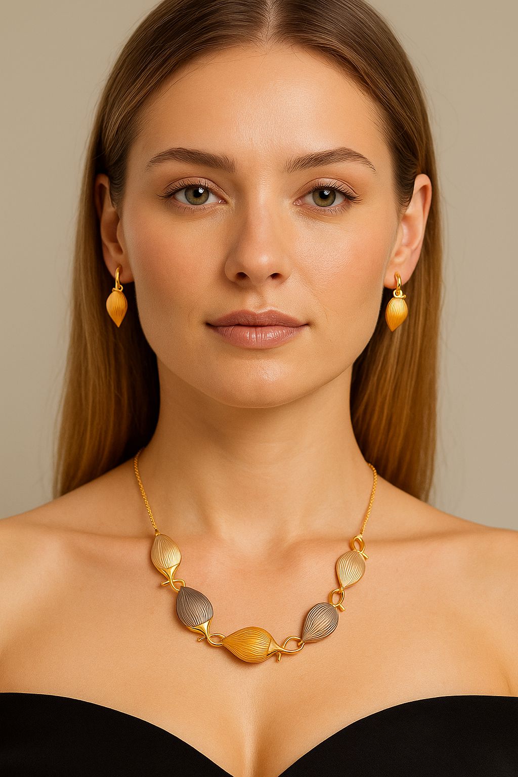 Hand painted enamel leaf necklace worn on model