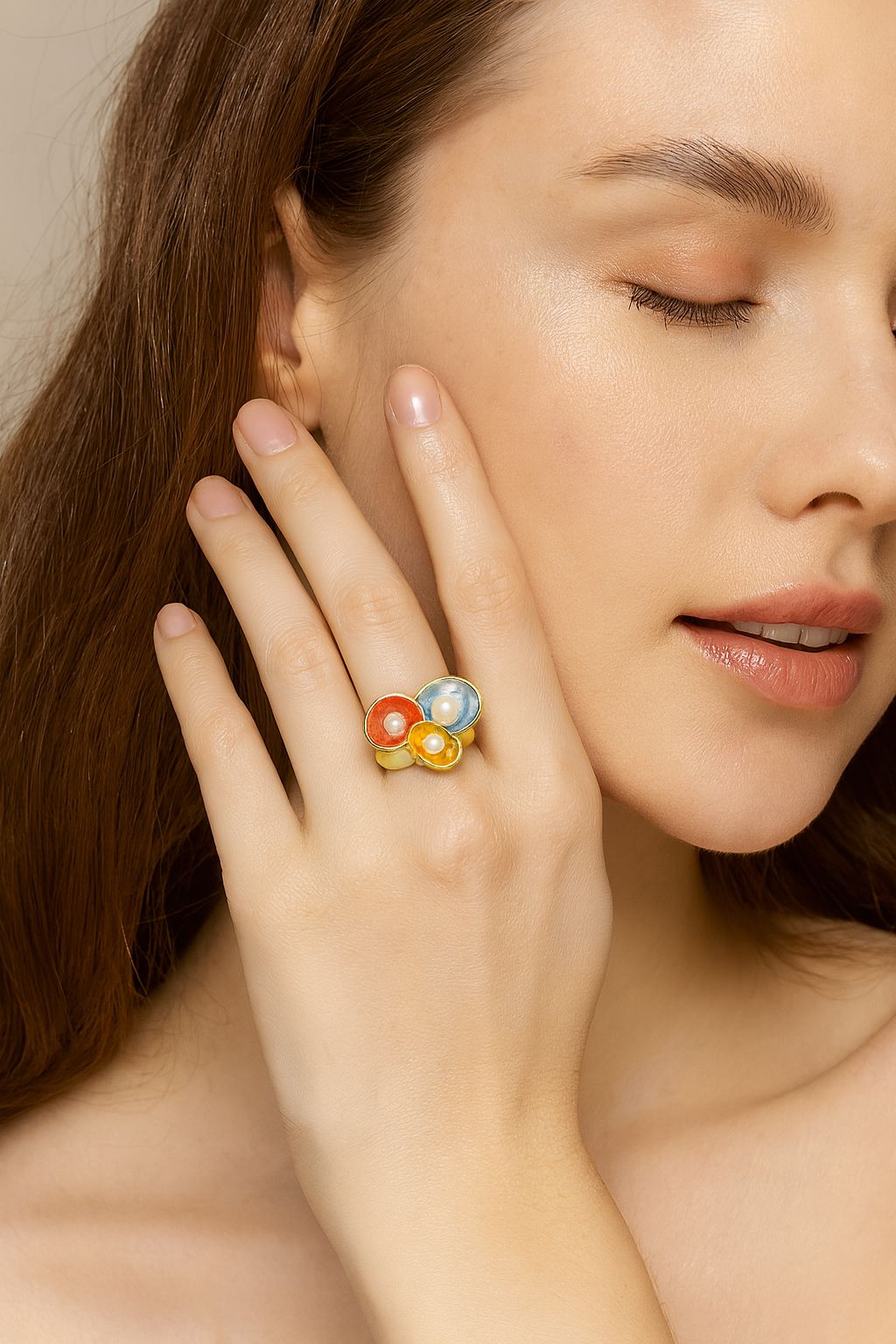 KC gold artistic statement ring featuring three pearls and colorful enamel