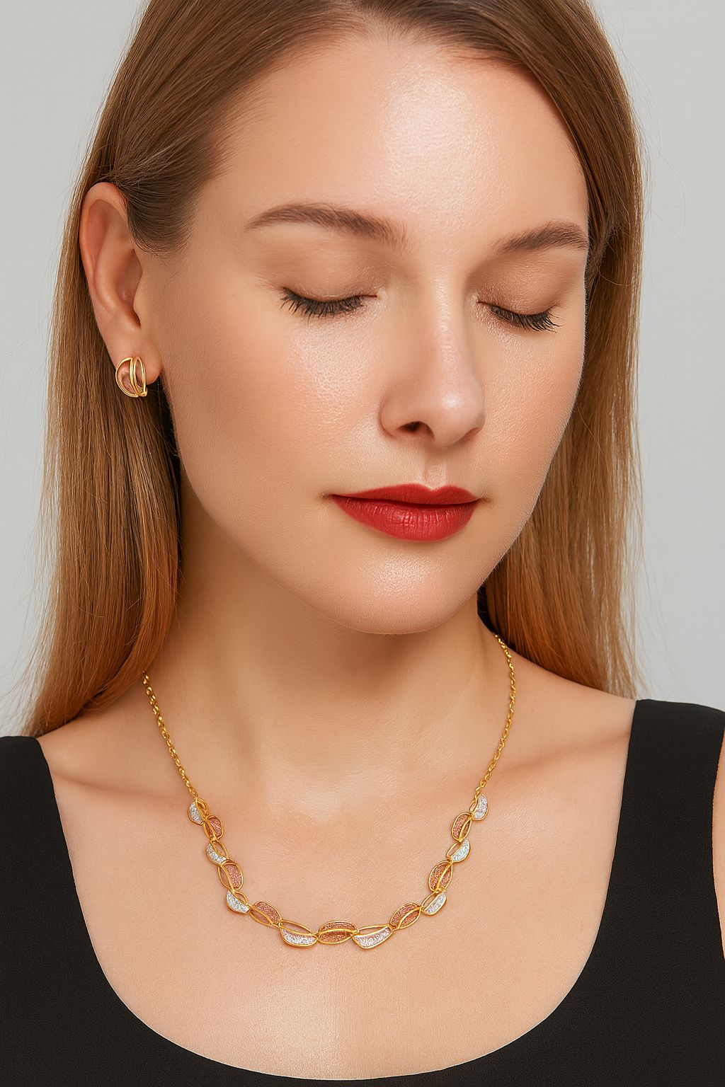 Modern enamel jewelry set featuring coral and silver oval links