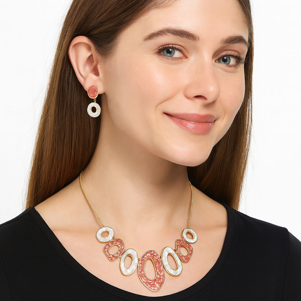 Coral and white enamel geometric necklace for women