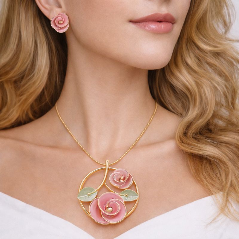 Hand painted pink rose enamel necklace and earrings set in KC gold plating