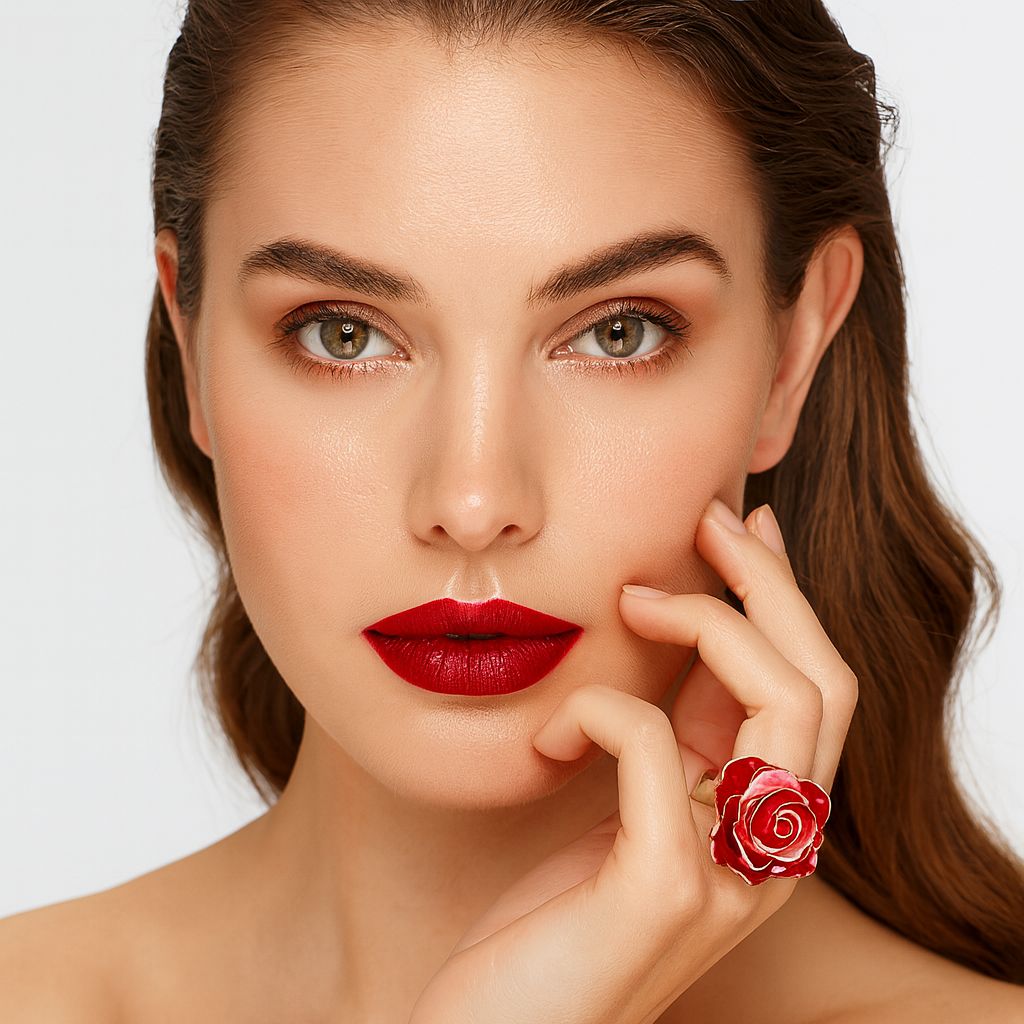 Floral rose ring with hand painted enamel petals