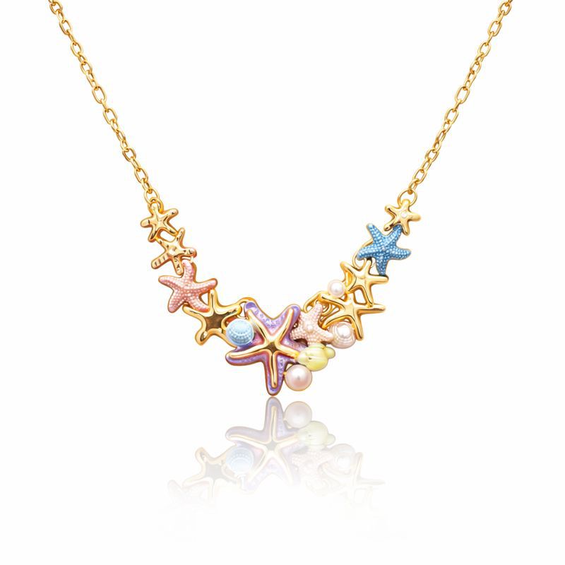 Hand painted starfish necklace in KC gold plated alloy with ocean inspired design