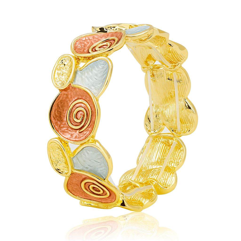 Hand-painted swirl KC gold bangle bracelet in coral and pearl enamel – front view