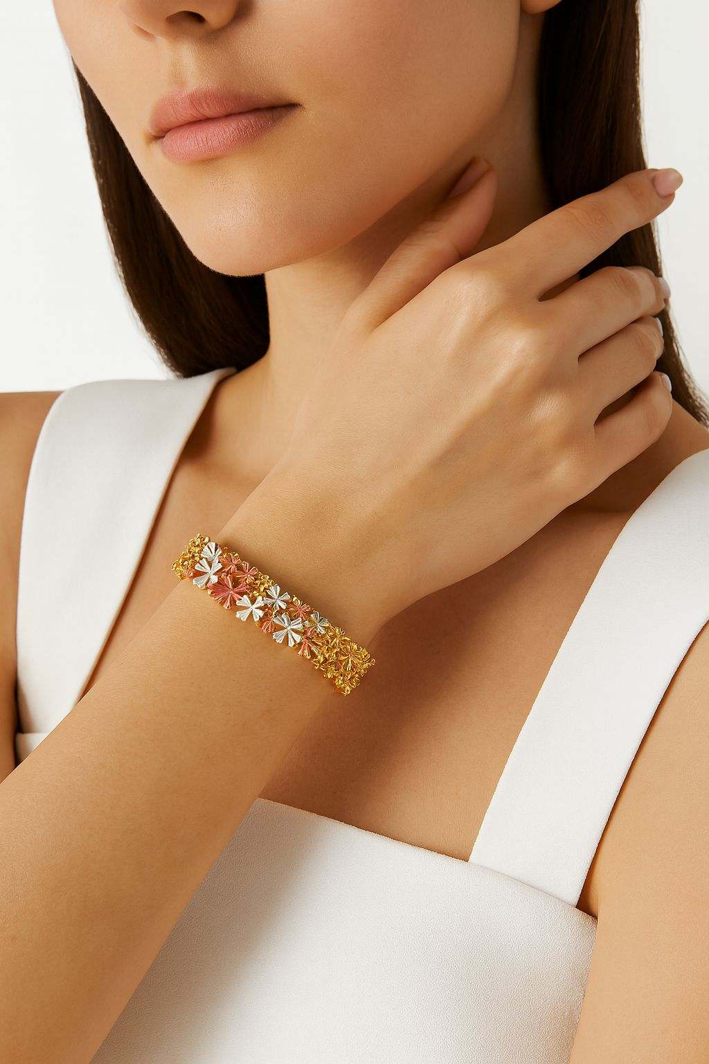 Tri-color hand-painted floral bracelet angle photo