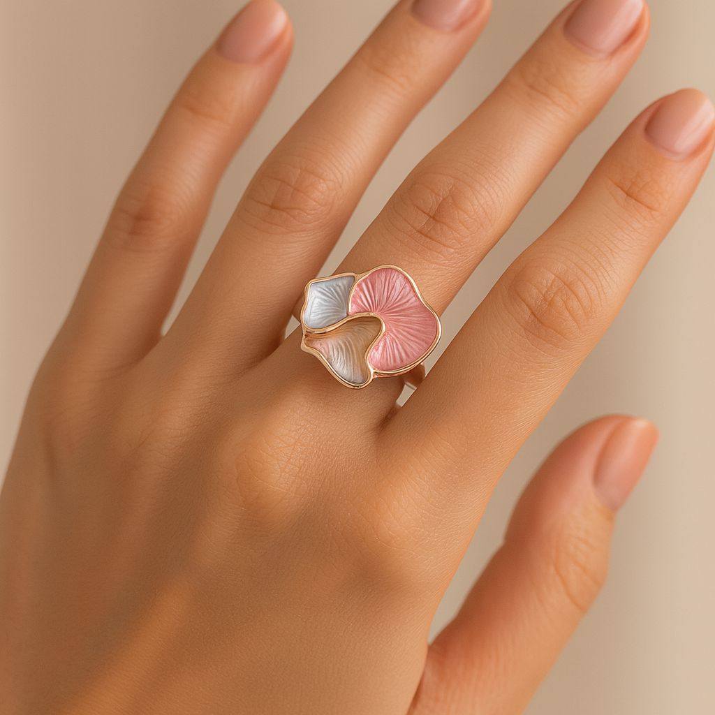 Close up of hand painted enamel texture on KC gold ring