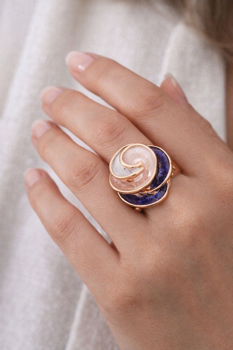 Close-up of hand-painted thin enamel texture on KC gold plated alloy ring