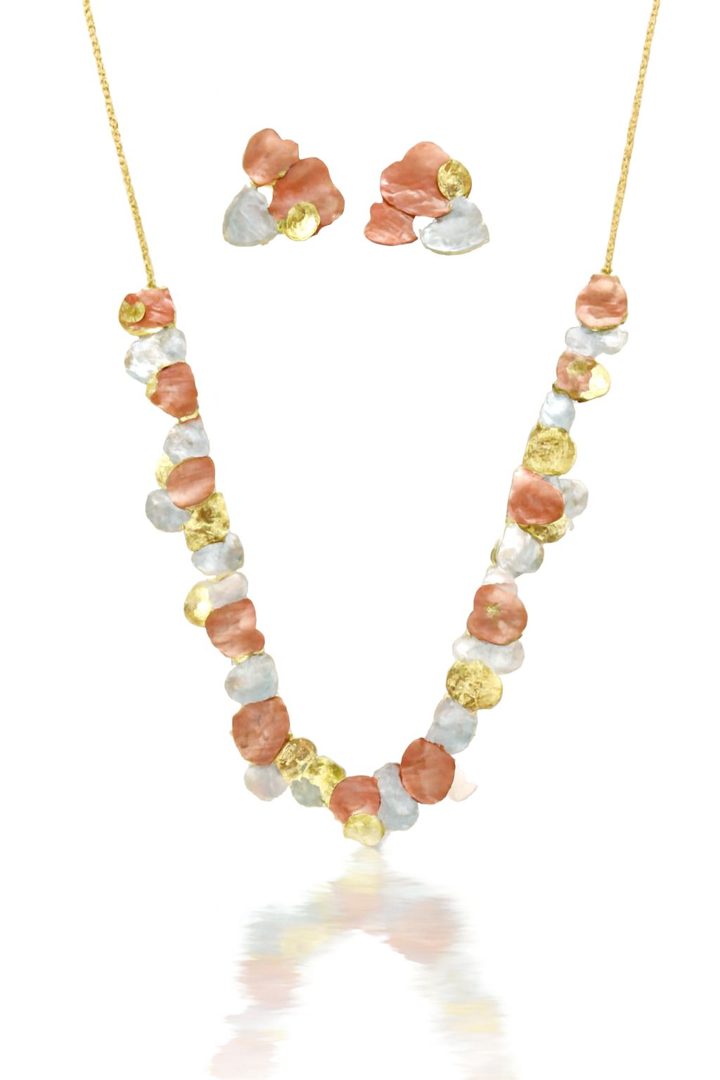 Handcrafted petal texture necklace and earrings set in KC gold plating