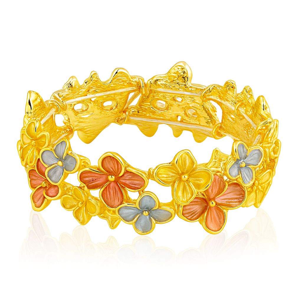 Hand-painted enamel flower bangle in gold tone