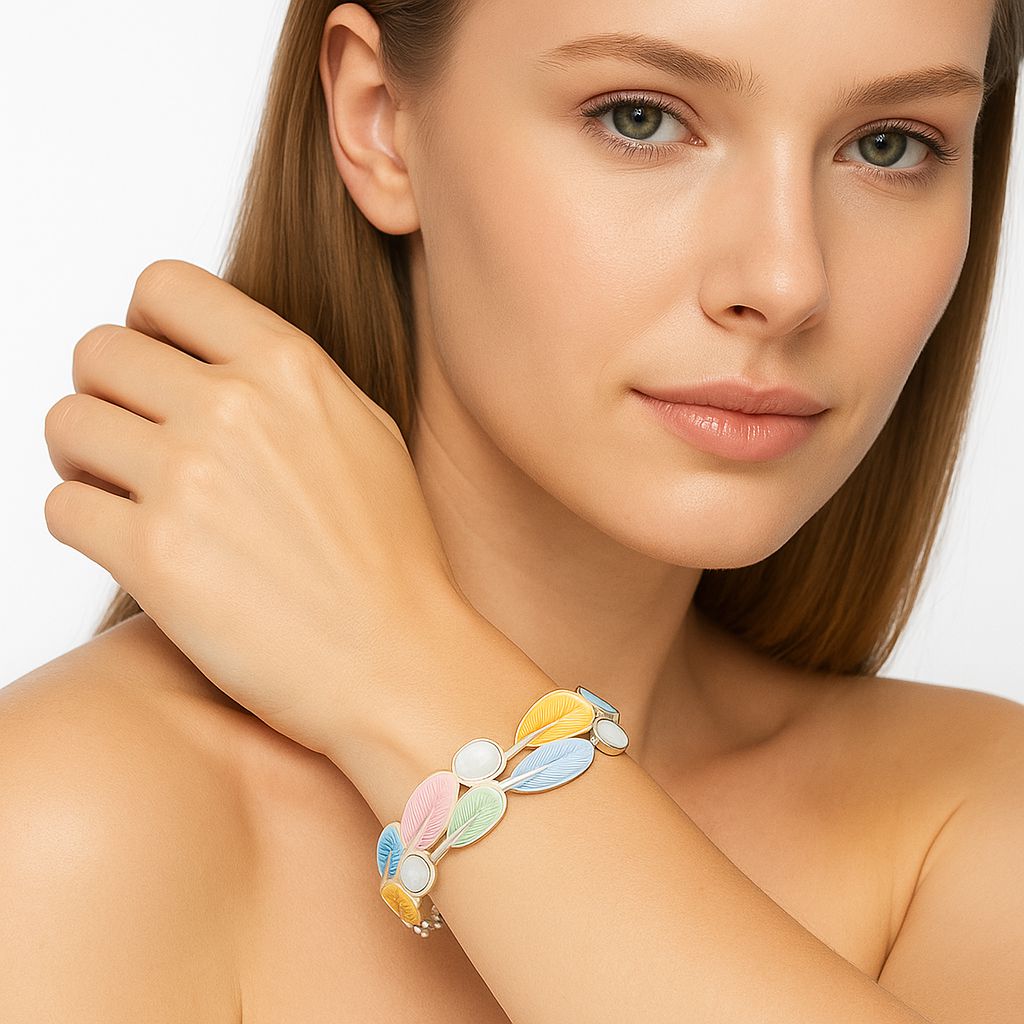Modern enamel bracelet set worn on wrist, lightweight KC gold plated jewelry