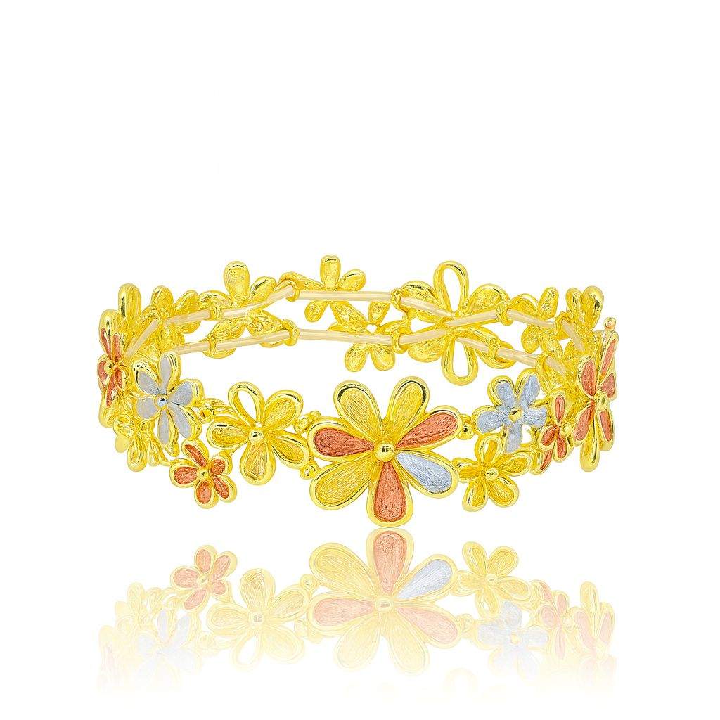 Vintage Gold-Plated Floral Bangle – Handmade Colorful Enamel Flowers Bracelet for Women