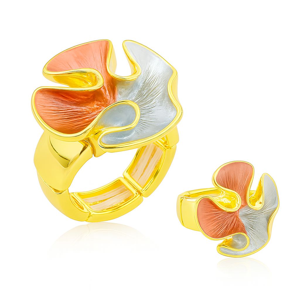 Handmade KC gold plated enamel flower ring in orange and silver tones
