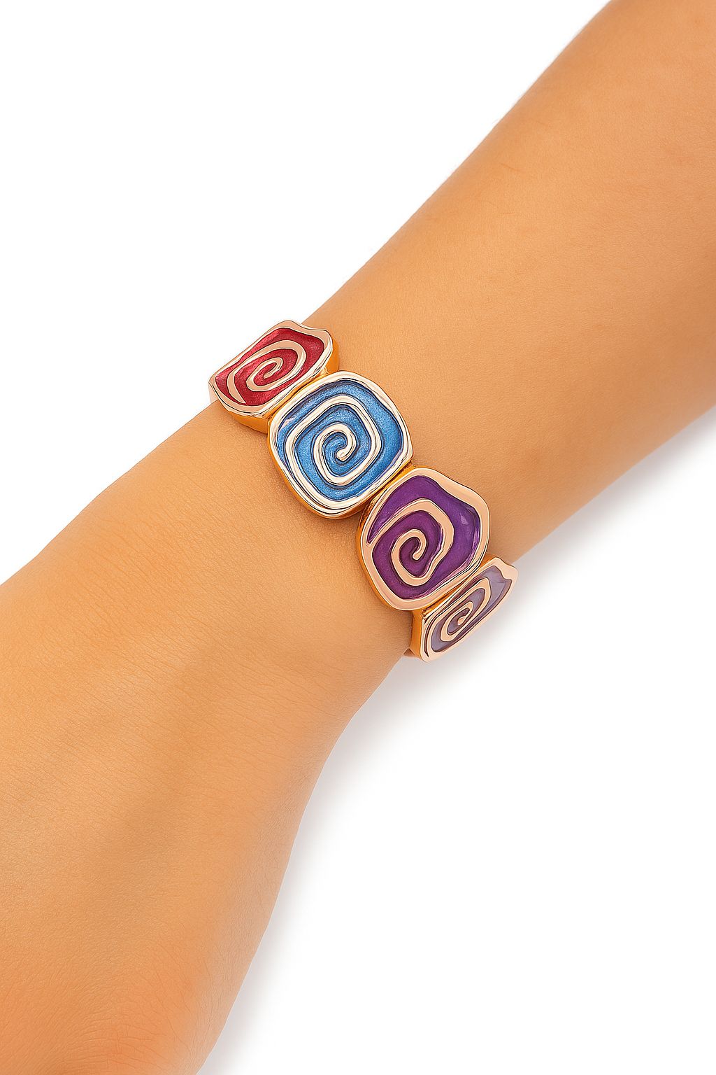 Model wearing colorful spiral enamel bracelet