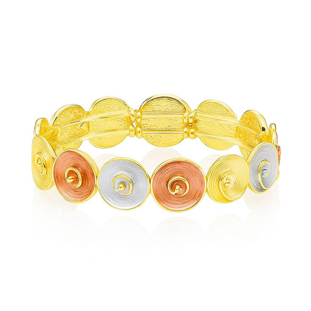 Handmade tri-color spiral disc bracelet with gold, silver, and rose-gold swirl design, KC gold plated alloy