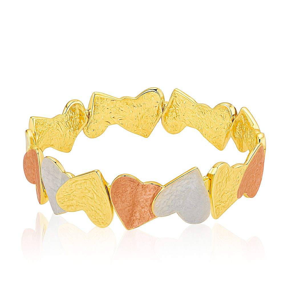 Hammered tri-color heart bracelet for women with KC gold plating and textured metal hearts