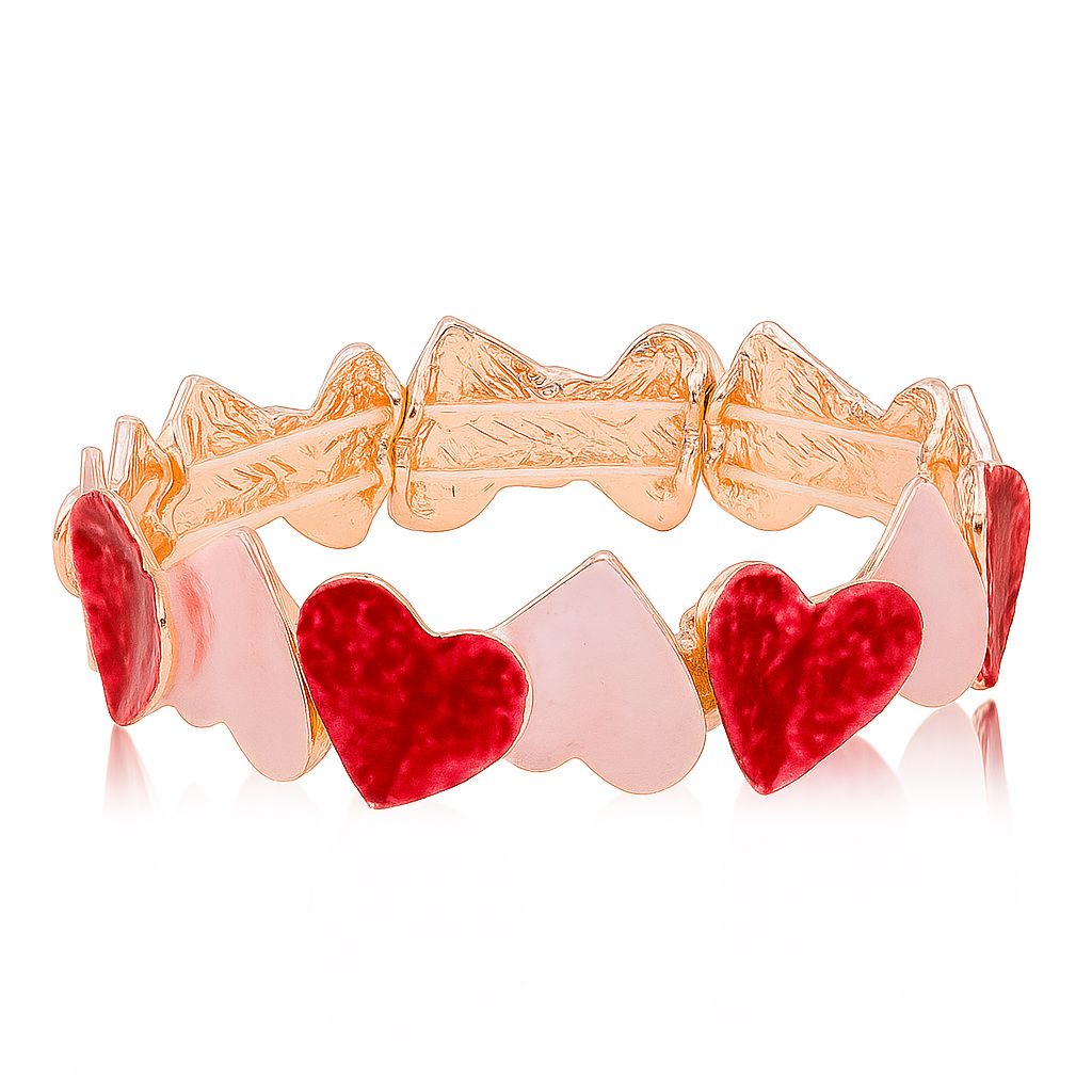 Front view of enamel heart bracelet set in KC gold with red and pink charms