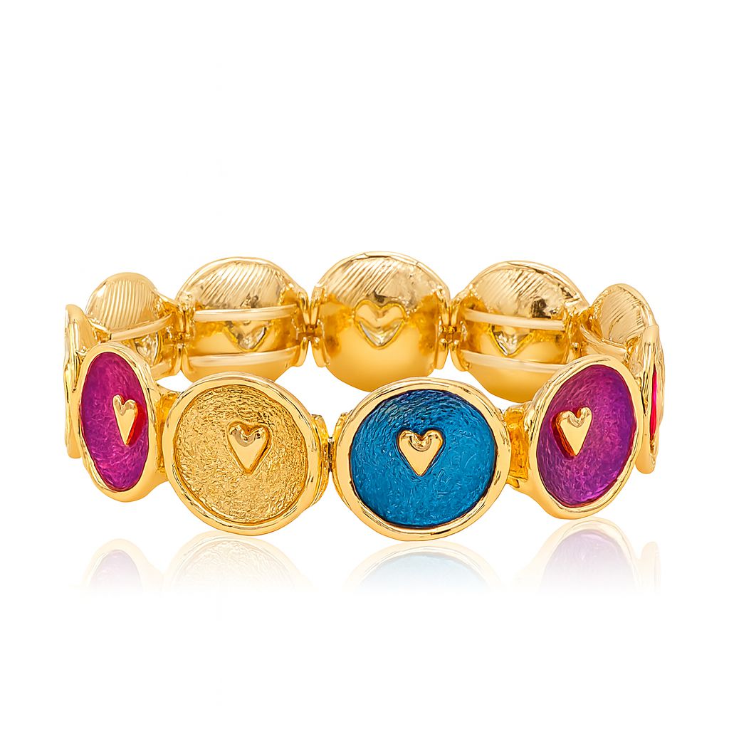 Side view of hand-painted heart enamel bracelet in gold plating