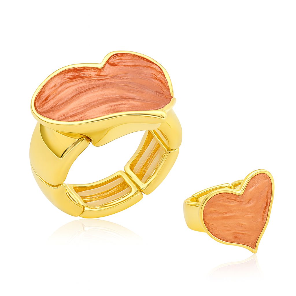 Heart-shaped enamel gold ring with coral hand-painted design