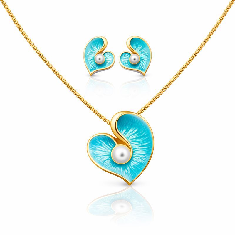 Heart enamel necklace and earrings set with KC gold plated finish