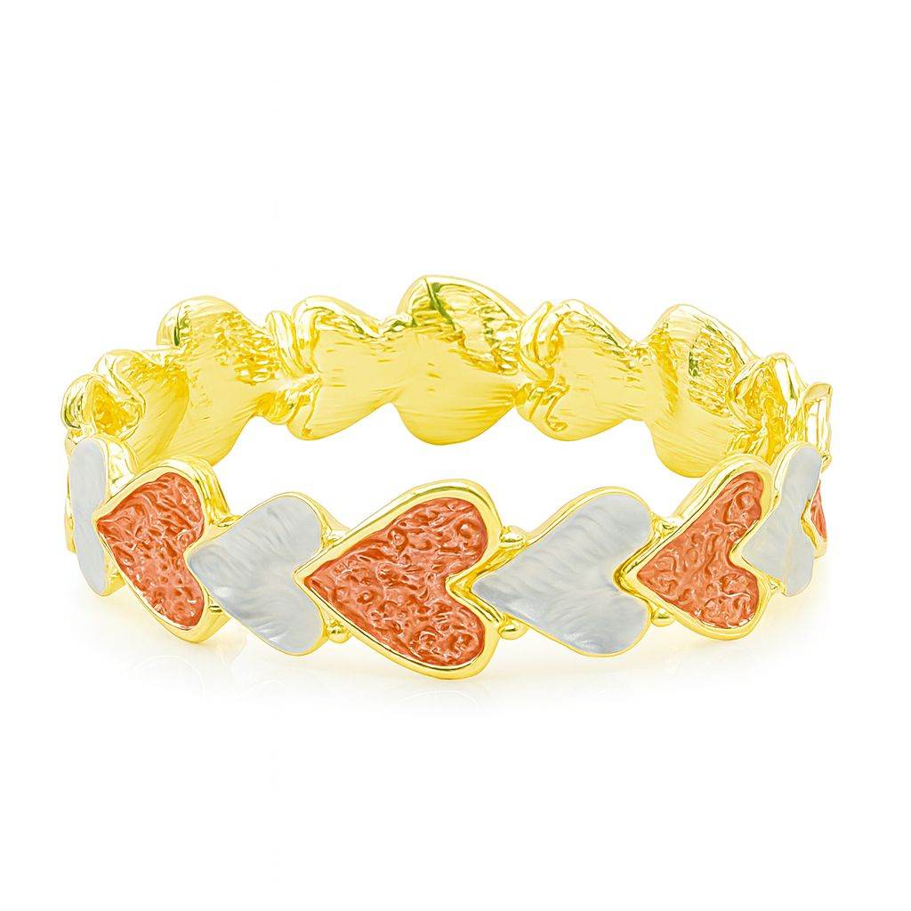 Heart link bangle in KC gold plating with textured enamel accents – side angle