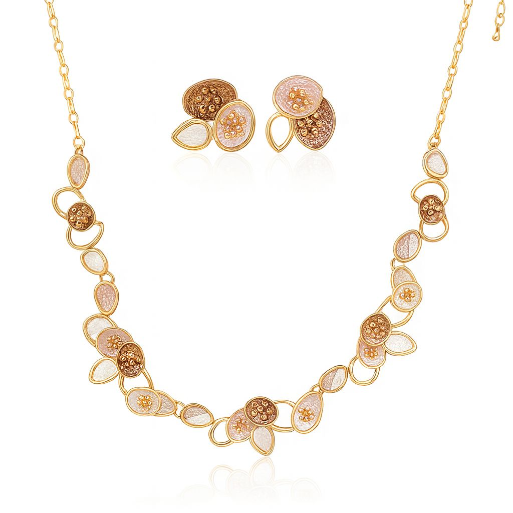 KC gold plated necklace and earrings set on white background