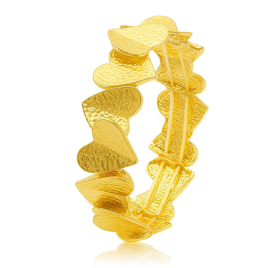 Textured Heart Gold Bracelet with layered heart charms, KC gold plated alloy, hand-painted finish, adjustable and lightweight romantic jewelry