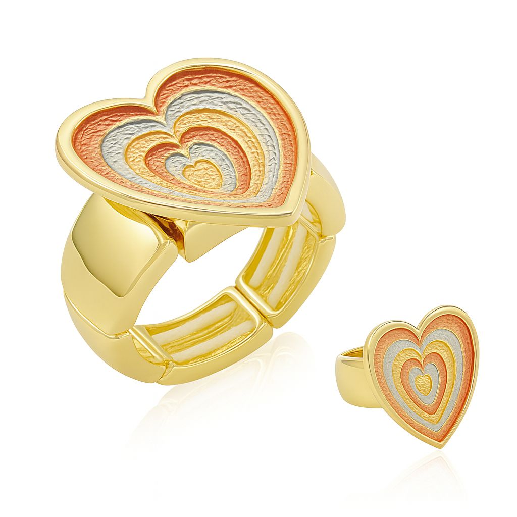 Woman wearing KC gold heart enamel ring with multicolor hand-painted design