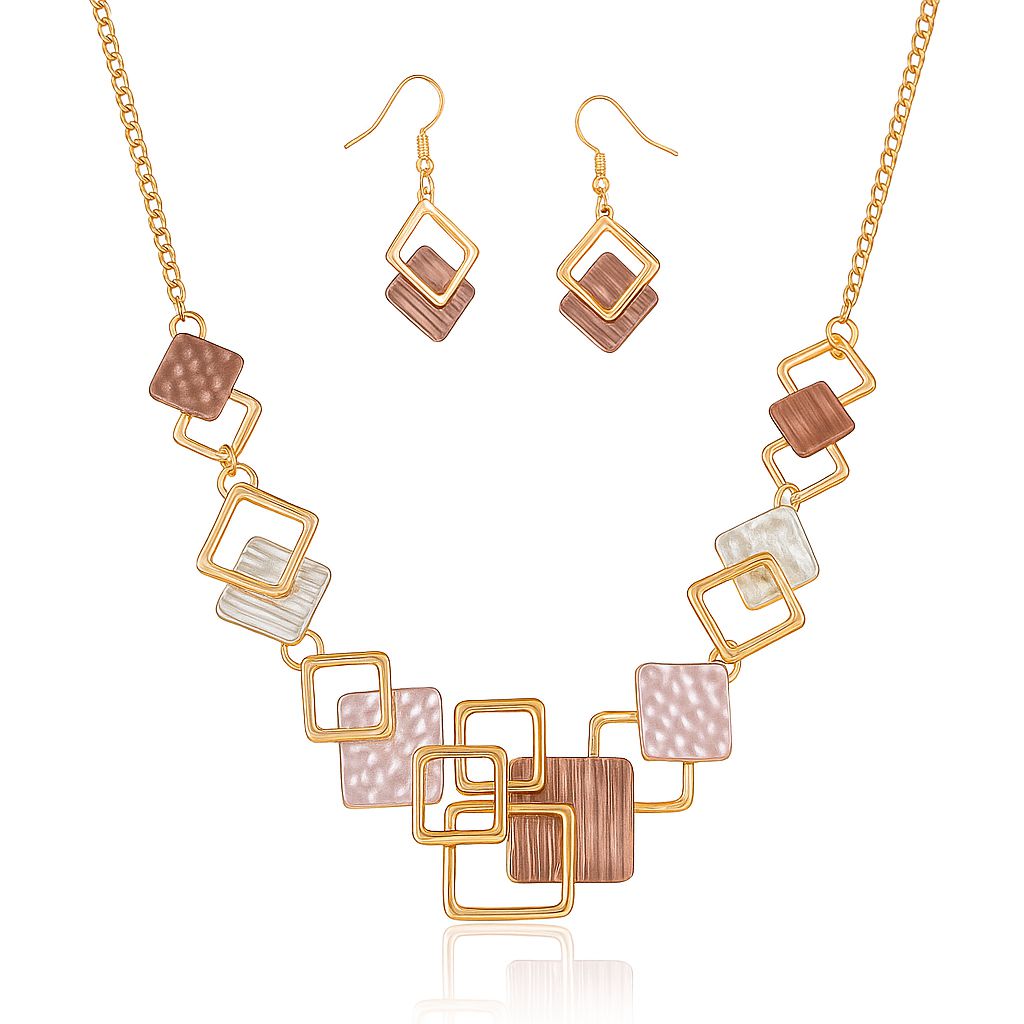 Interlocking square necklace and earrings set in KC gold plated alloy