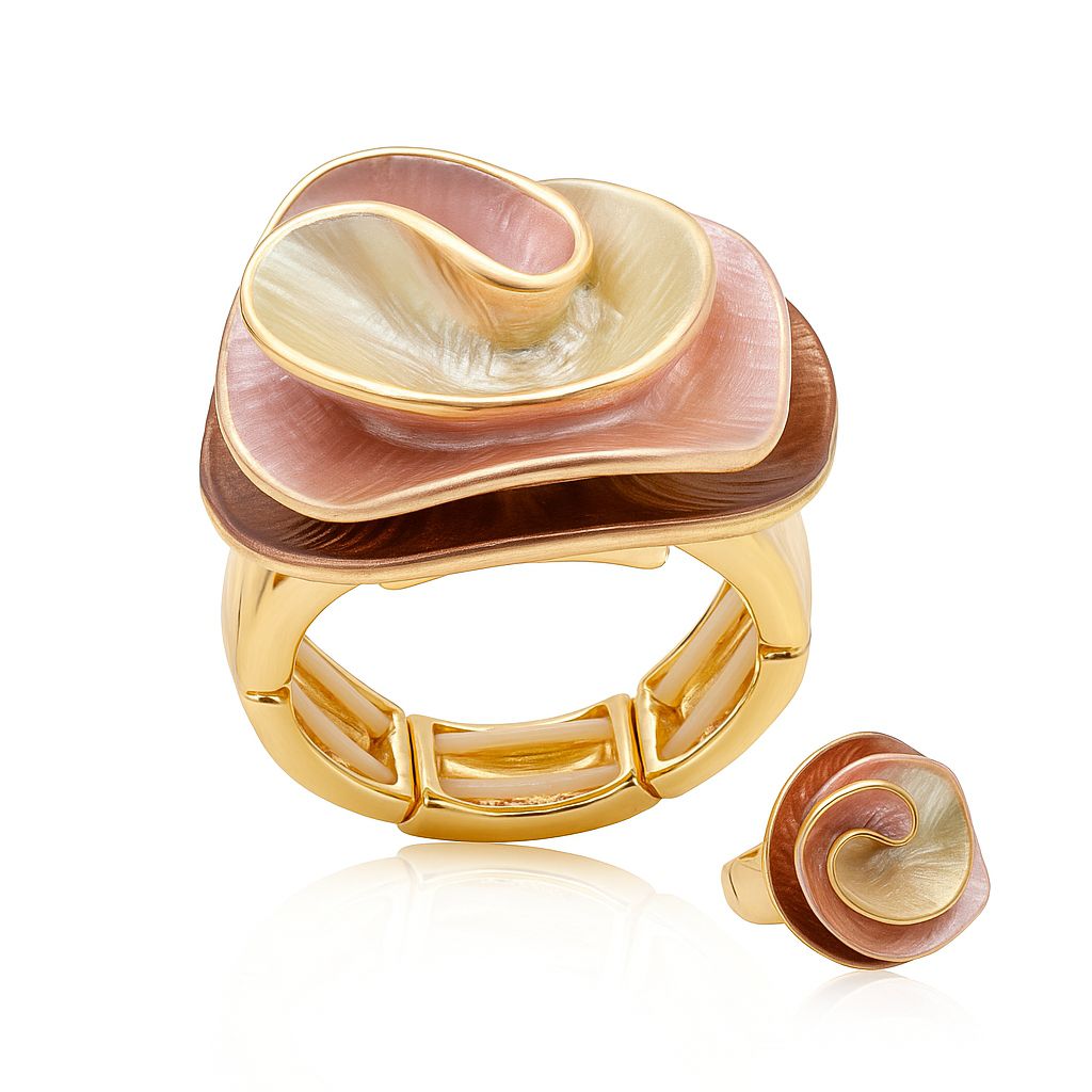 Ivory and blush enamel sculpted ring with KC gold plating worn on finger