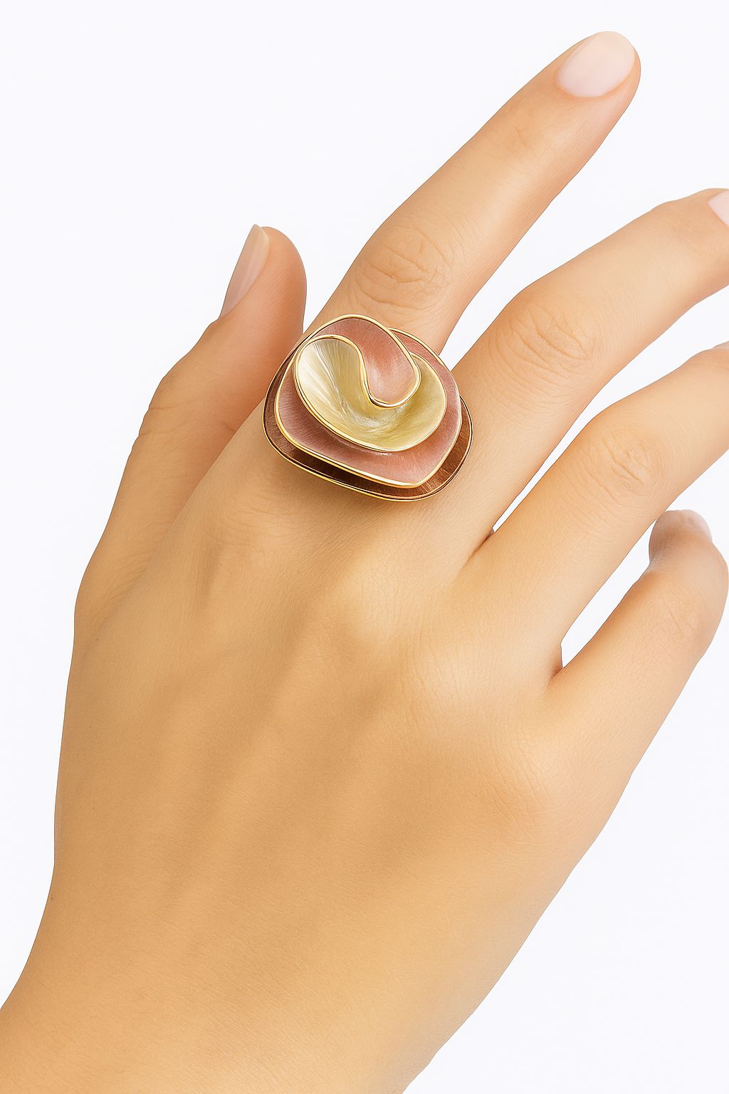 Warm tone sculpted enamel ring with gold plated finish for women