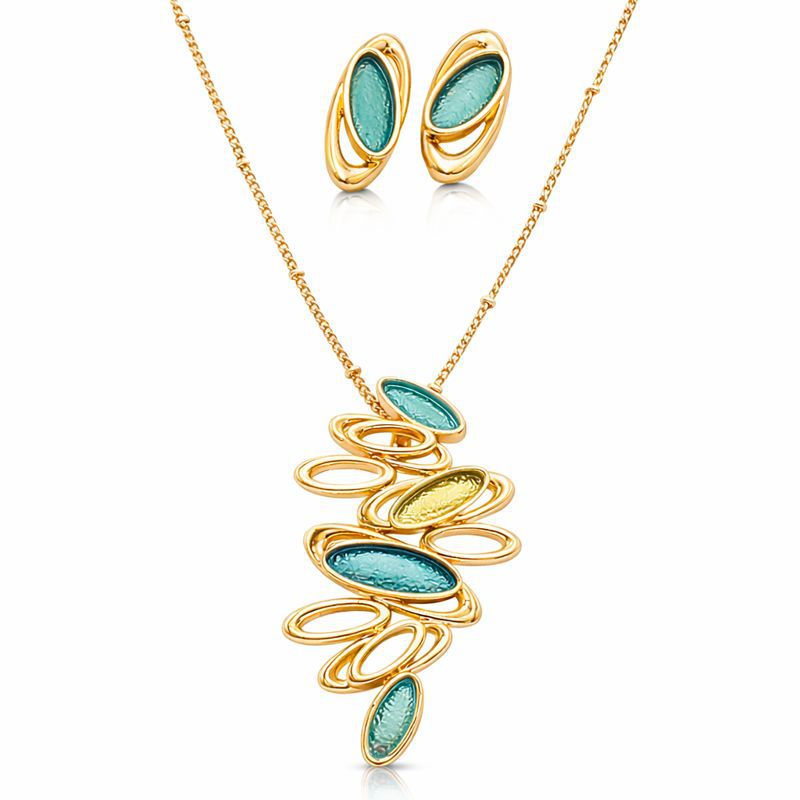 KC gold plated abstract oval necklace and earrings set with hand painted enamel