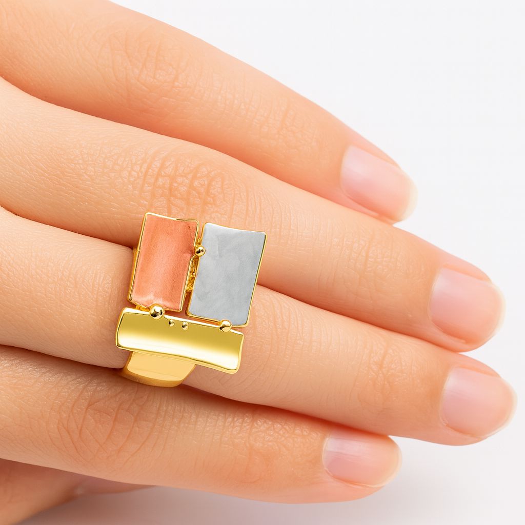 KC gold mosaic ring with artistic geometric panels
