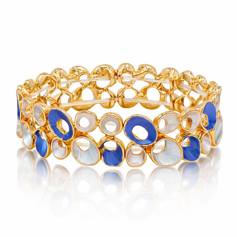 KC gold alloy bracelet set with artistic enamel circles, side angle