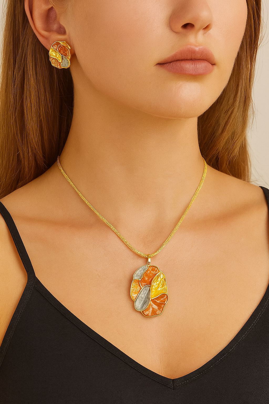 Abstract art pendant necklace with enamel details