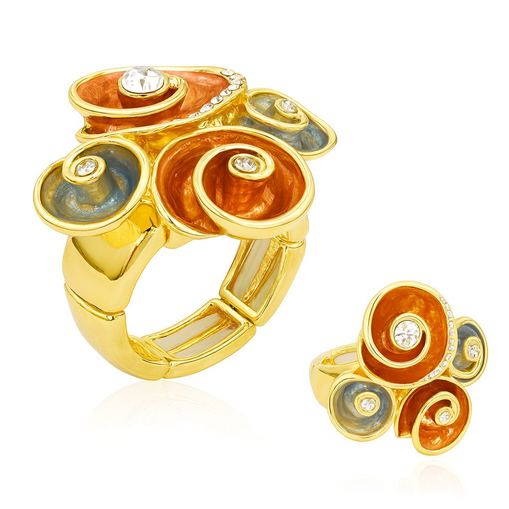 KC gold plated swirl ring with hand-painted enamel and crystal accents