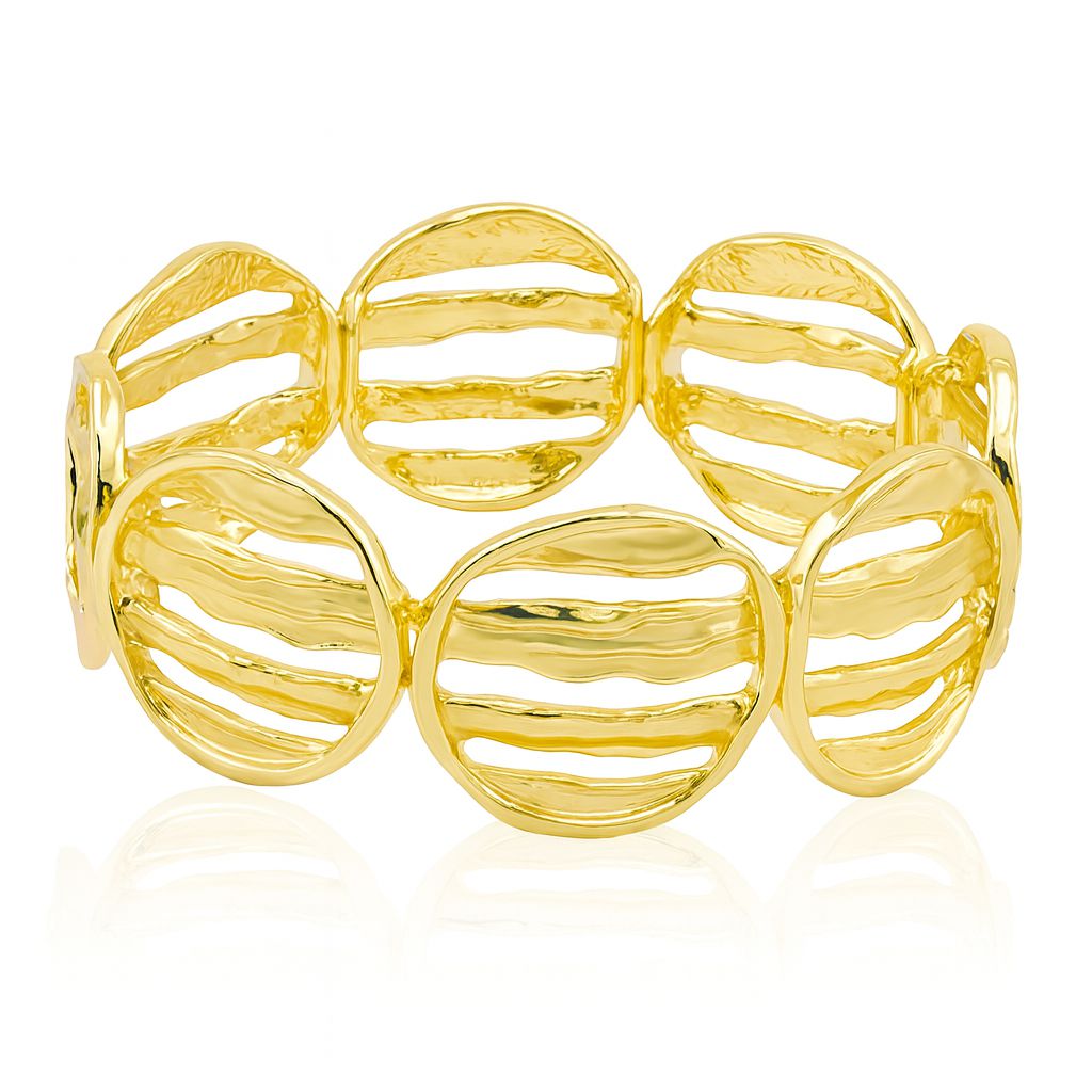 Modern hollow circle bracelet in KC gold-plated alloy with hand-textured design, lightweight and stylish.