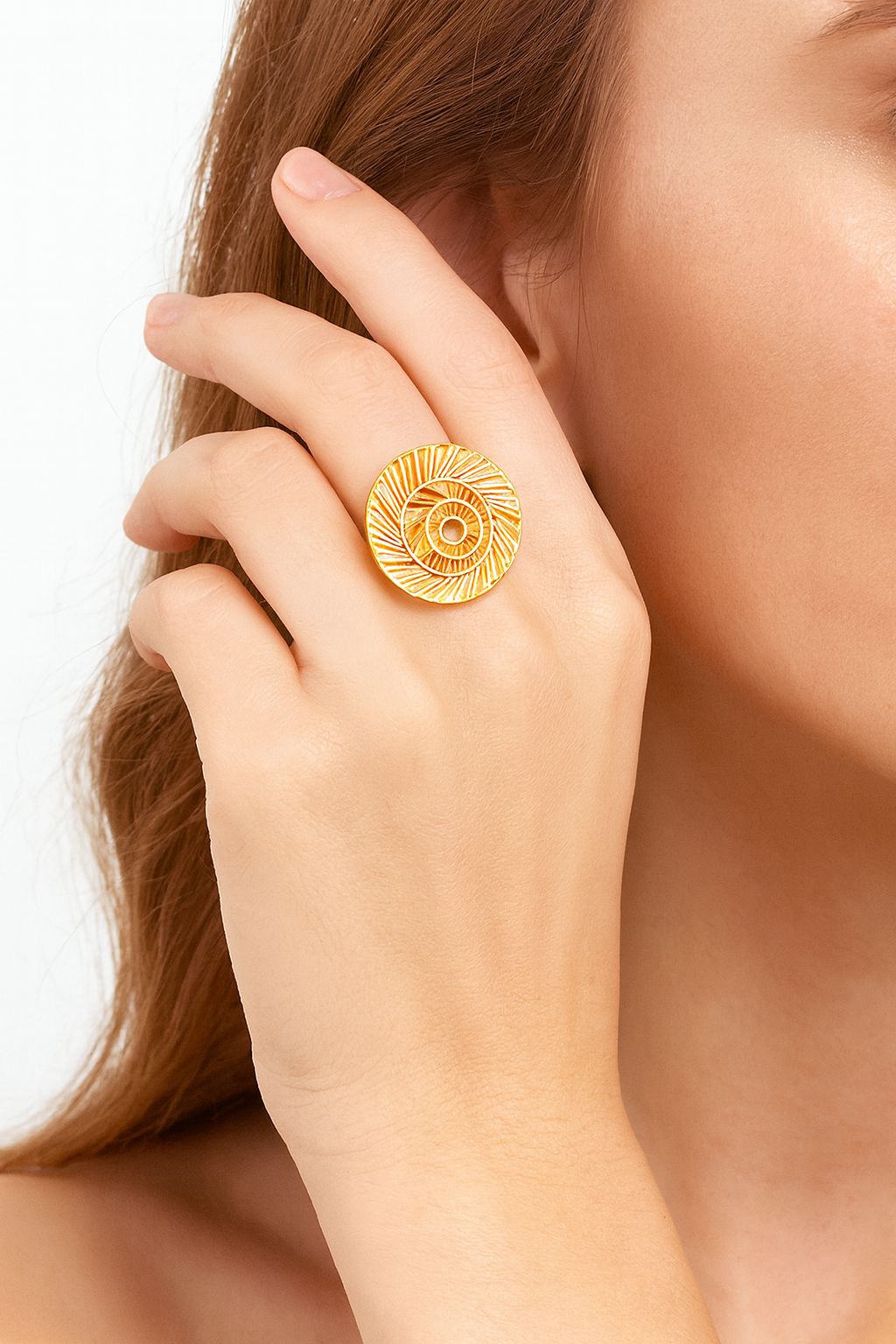 Radiant sunburst hand-painted enamel ring with KC gold plating front view