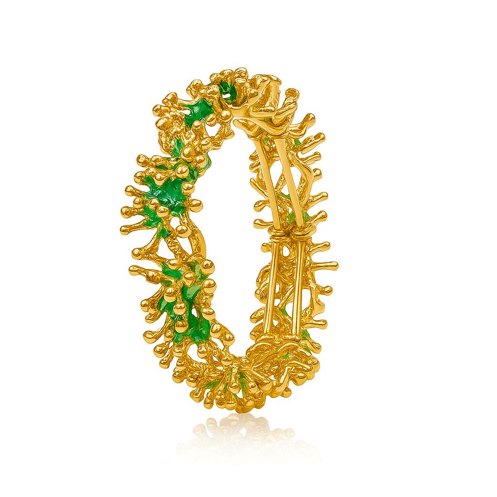 KC gold plated artistic leaf bracelet with green enamel