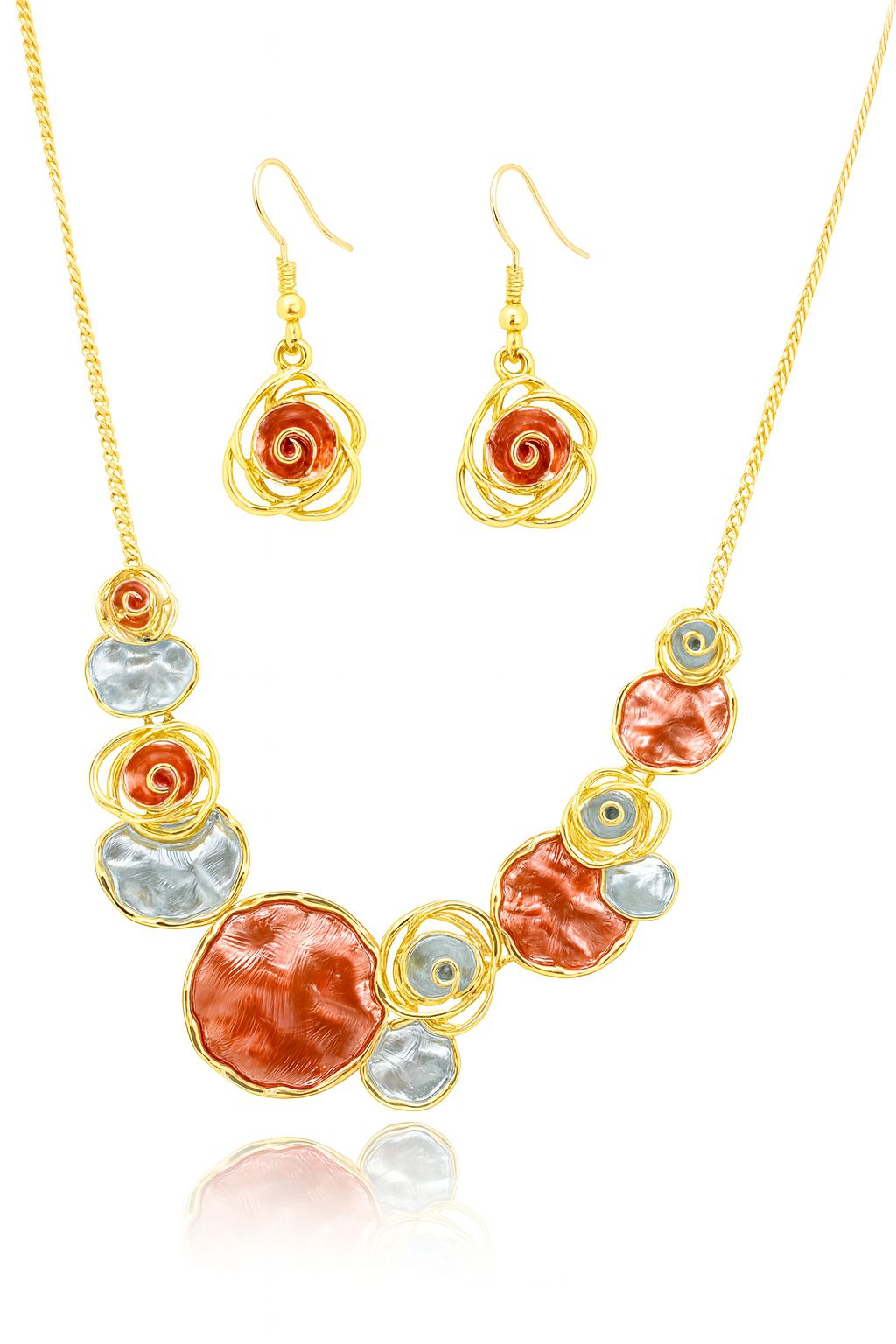 Handcrafted KC gold necklace and earrings set with painted artistic textures