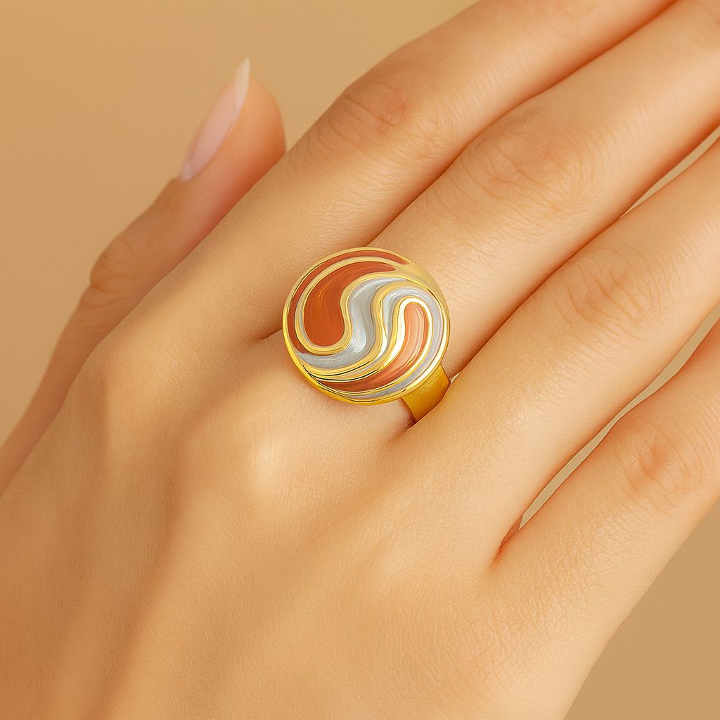 Close-up of hand-painted swirl design ring