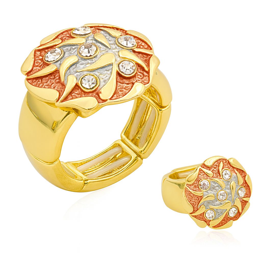 KC gold artistic statement ring with enamel and crystals