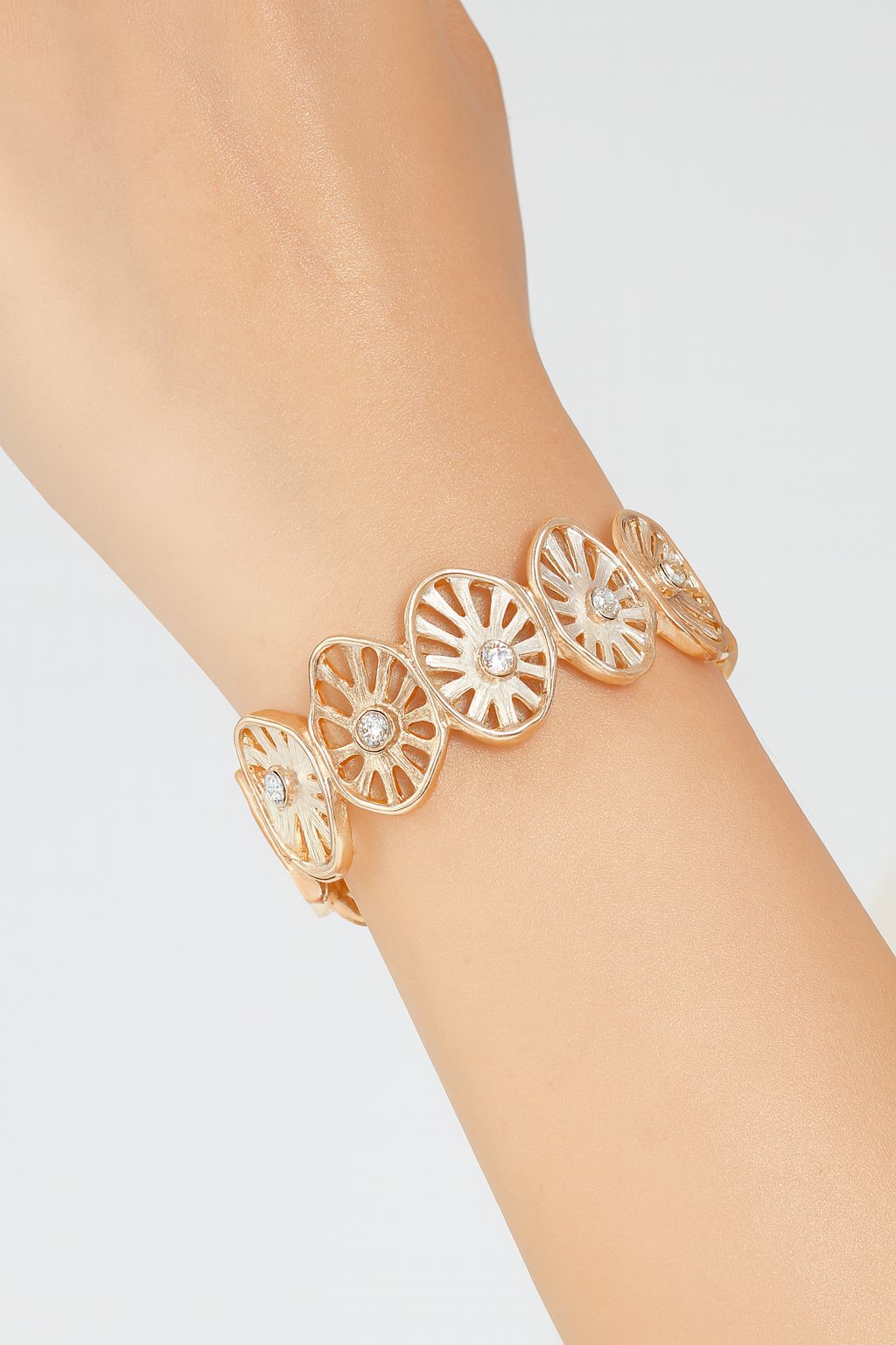 model showing KC gold crystal bangle bracelet fashion jewelry